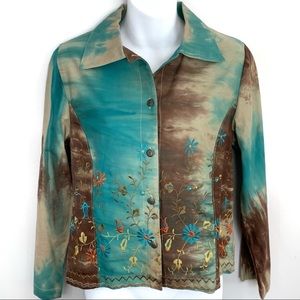 Teal & Brown Embroidered Tie-Dye Jean Jacket